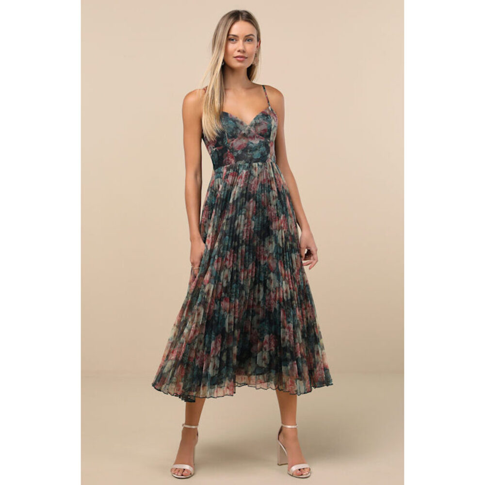 Lulus Alondra Dark Green Multi Floral Pleated Midi Dress - Size XS
